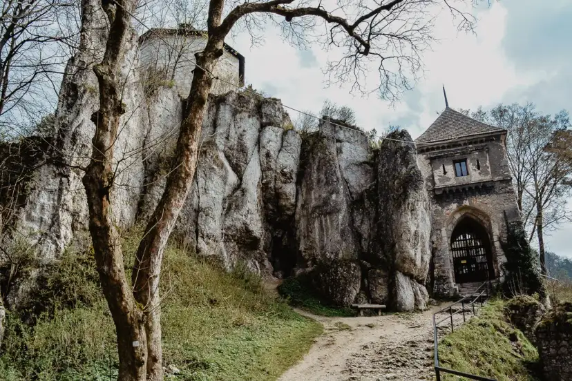 Ruiny zamku na skale, idealne miejsce, by odkryć, co zwiedzić w Małopolsce. Kamienna wieża i skalne ściany zapraszają do podróży w przeszłość.