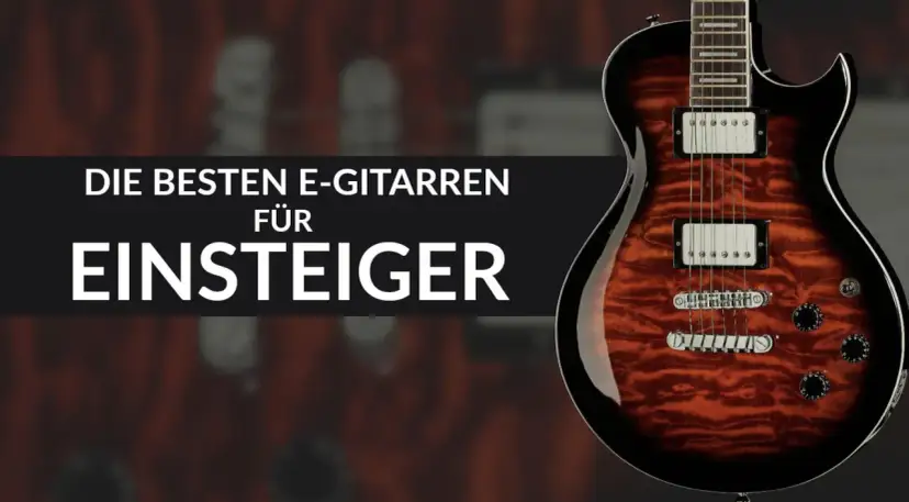 E-Gitarre mit Flammenmuster und Text "Die besten E-Gitarren für Einsteiger".