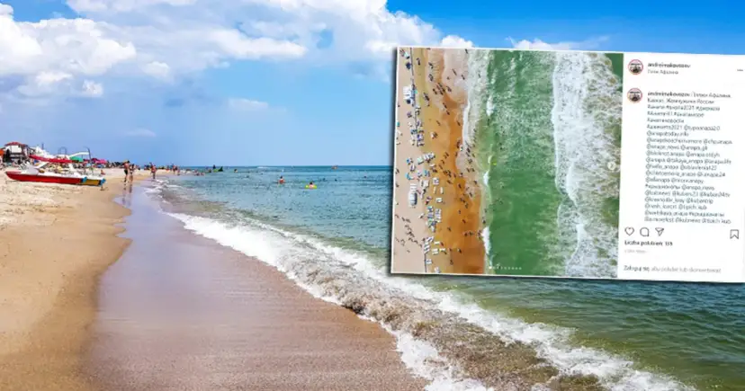 Plaża pełna ludzi, fale rozbijają się o brzeg. Czy Morze Czarne jest czyste? Woda wygląda na zieloną i przejrzystą.