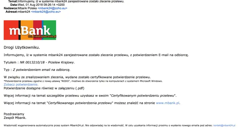 Potwierdzenie przelewu z mbank24, kiedy zostało zarejestrowane zlecenie. Zobacz potwierdzenie.