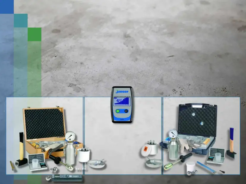 Zestawy do pomiaru wilgotności betonu i jastrychu. Urządzenie Janser pokazuje 4.0% wilgotności.