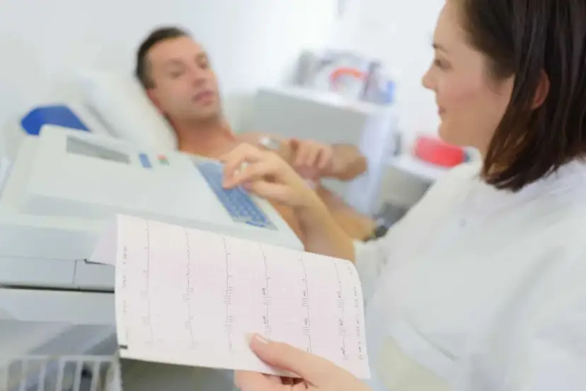 Pielęgniarka analizuje zapis EKG, który pokazuje, jakie są badania serca. Pacjent leży podłączony do aparatury.