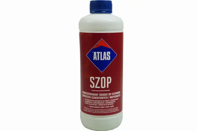 Butelka środka czyszczącego Atlas Szop. Skoncentrowany preparat do usuwania zabrudzeń cementowych i wapiennych.
