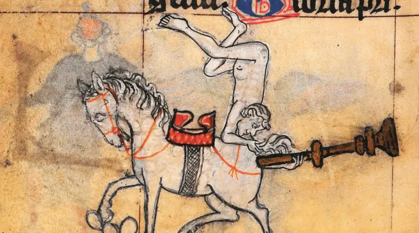 Ilustracja z rękopisu: akrobata na koniu trzymający drewniany przedmiot.