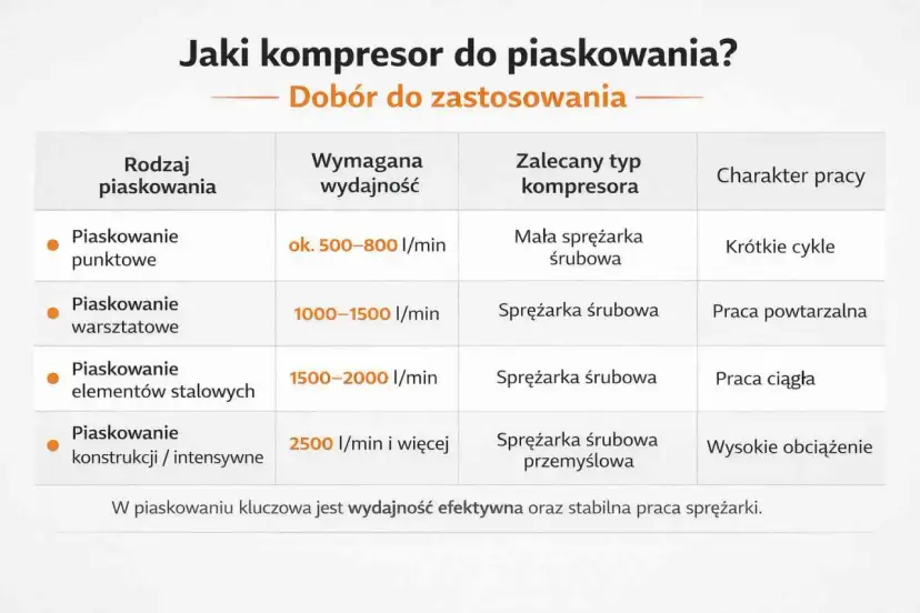 Jaki kompresor do podnośnika bałwanek? Tabela podpowiada: do piaskowania punktowego mała sprężarka śrubowa, do warsztatowego i elementów stalowych sprężarka śrubowa, a do konstrukcji przemysłowa.