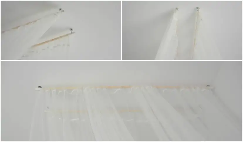 Prosty stelaż do baldachimu: biała tkanina zawieszona na drewnianej belce przy suficie.