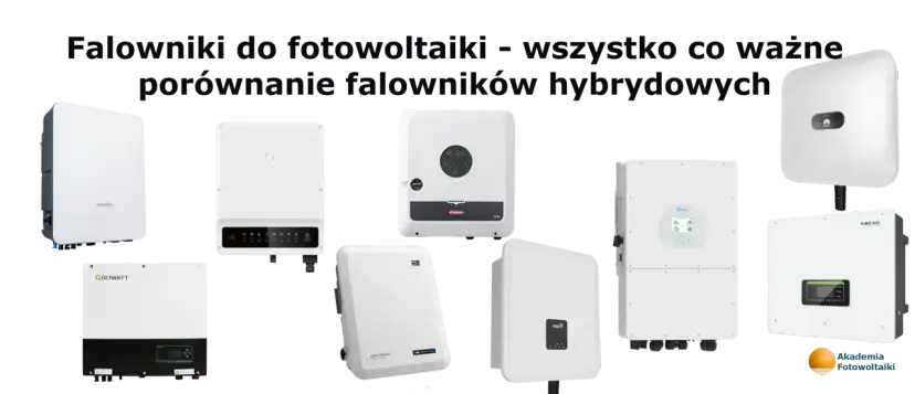 Kolaż białych falowników fotowoltaicznych różnych marek, stojących obok siebie.