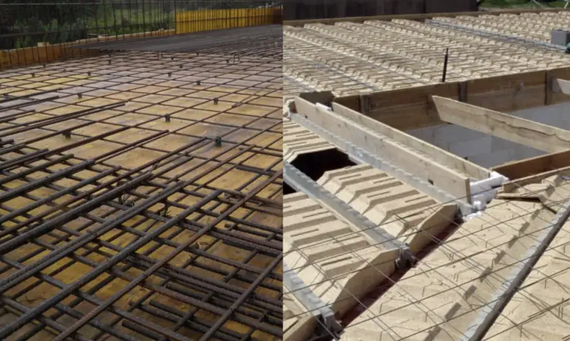 Dwa etapy budowy stropu: zbrojenie i elementy pustaków.