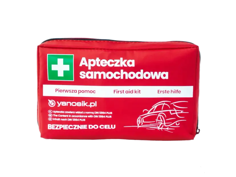 Czerwona apteczka samochodowa z białym krzyżem i napisem "Apteczka samochodowa".