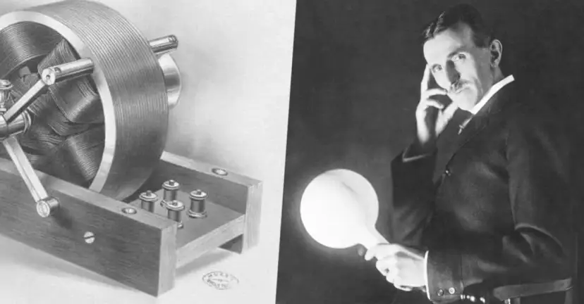 Nikola Tesla z cewką i świecącą żarówką.