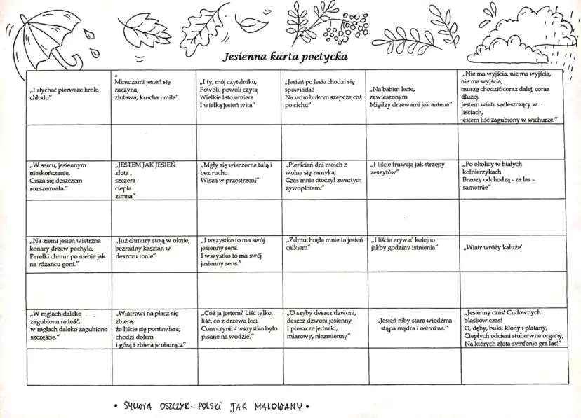 Jesienna karta poetycka dla klasy 6. Wiersze o jesieni, jej środkach poetyckich i nastroju.