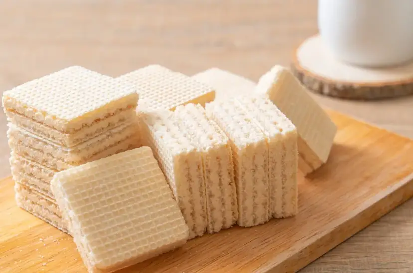Chrupiące wafle z mlekiem w proszku i galaretką, ułożone na drewnianej desce. Idealne na deser.