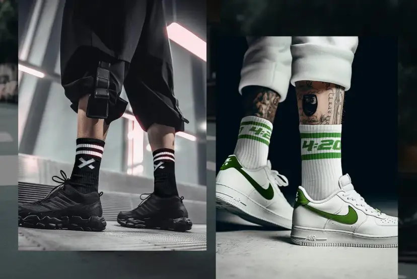 Dwa ujęcia nóg w modnych skarpetkach i sneakersach: czarne z białym wzorem i białe z zielonymi paskami.