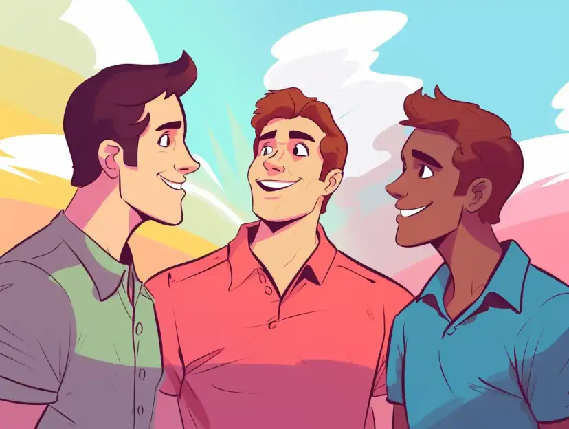 Trzech uśmiechniętych mężczyzn, jakby z drużyny sigma alfa, rozmawia na tle kolorowego nieba.