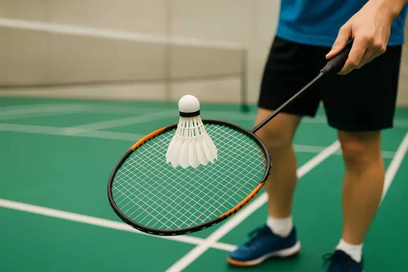 Gracz trzyma rakietę z lotką, gotowy do gry. Poznaj podstawowe badminton zasady, by cieszyć się grą na zielonym korcie.