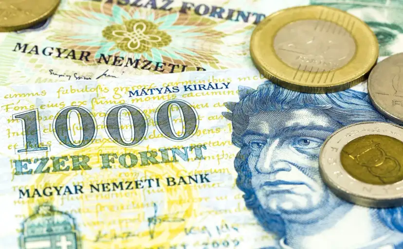 Węgry mają forinty. Na zdjęciu banknot 1000 forintów z wizerunkiem króla Macieja Korwina i monetami.