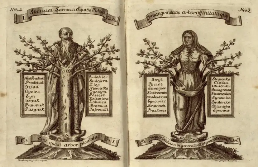 Drzewo genealogiczne z wizerunkami mężczyzny i kobiety, z listami pokrewieństwa. Czy siostrzeniec i wujek to to samo? Nie, to różne relacje rodzinne.