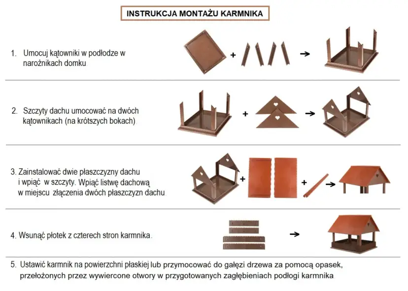 Instrukcja montażu karmnika dla ptaków. Dowiedz się, jak zrobić karmnik dla ptaków, poznaj wymiary i etapy składania.