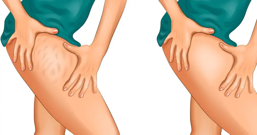 Dwie części uda: jedna z widocznym cellulitem, druga gładka.