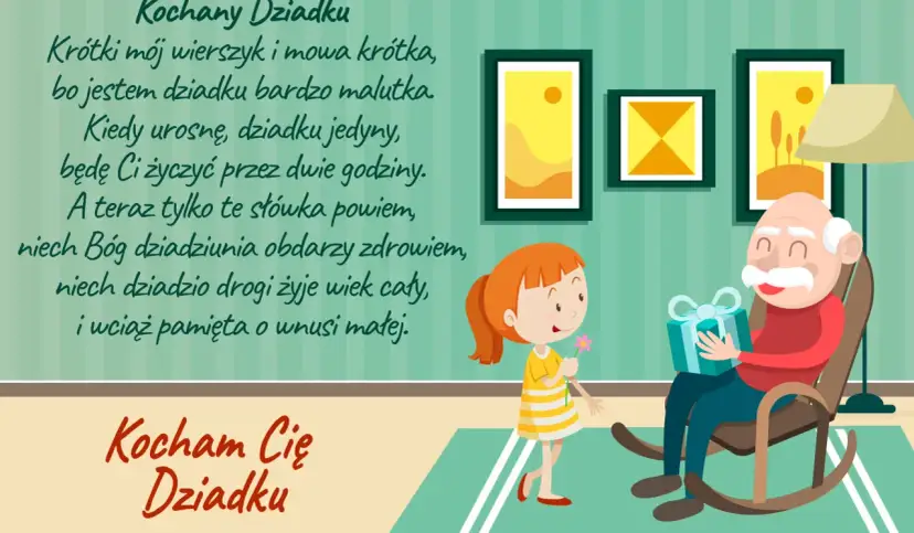 Piękne życzenia urodzinowe dla wnuczki dla ukochanego Dziadka. Wnuczka wręcza prezent i kwiatka.