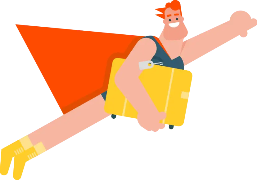 Cartoon man with orange cape and yellow boots flying with a yellow suitcase.