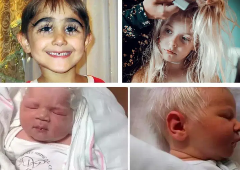 Dziecko z siwymi włosami, noworodek i dziewczynka z blond włosami.