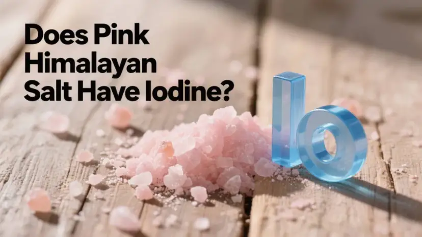 Góra różowej soli himalajskiej na drewnianym blacie, obok niebieskie litery "I" i "O", sugerujące pytanie: czy sól himalajska jest jodowana?