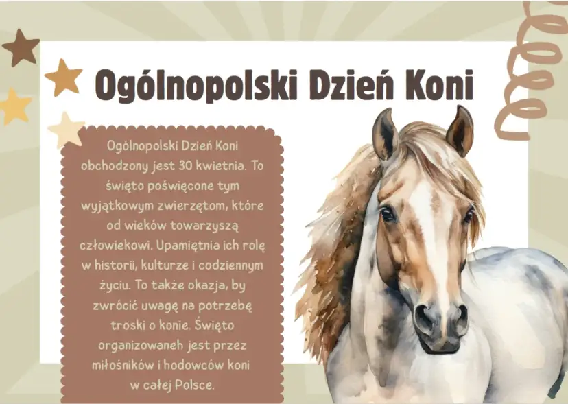 Obchodzimy Ogólnopolski Dzień Konia. Piękny koń na pierwszym planie, a obok tekst o tym wyjątkowym zwierzęciu.