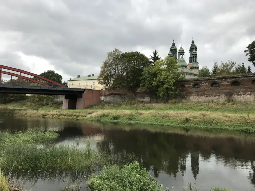Most widokowy z rzeką, zieloną roślinnością i budynkami w tle.