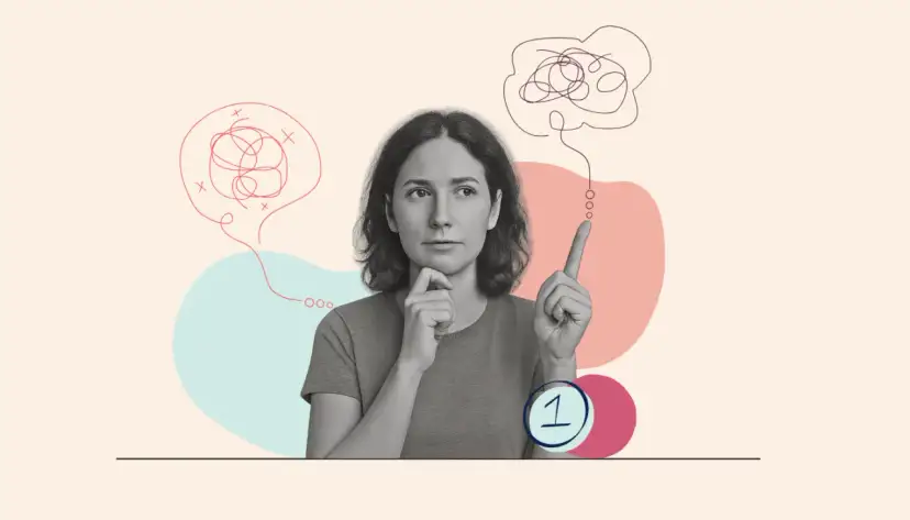 Kobieta z zamyśloną miną, wskazująca palcem, z chaotycznymi myślami w dymkach.