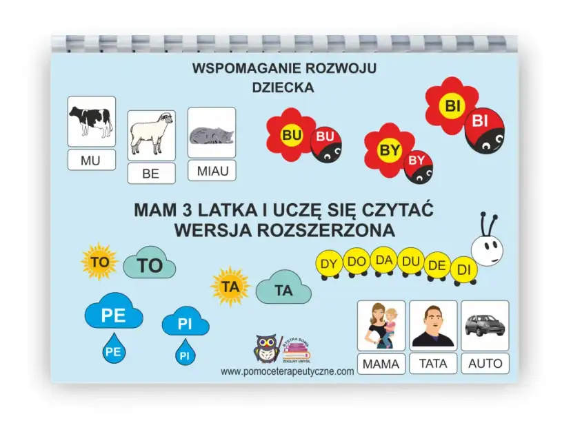 Plansza edukacyjna z obrazkami zwierząt i wyrazami na 3 litery dla dzieci: MU, BE, MIAU. Uczy czytać sylaby: TO, TA, PE, PI, BI, BU, BY, DY, DO, DA, DU, DE, DI.