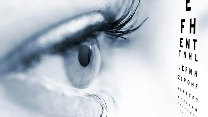 Zbliżenie oka ludzkiego i tablica Snellena do badania wzroku.