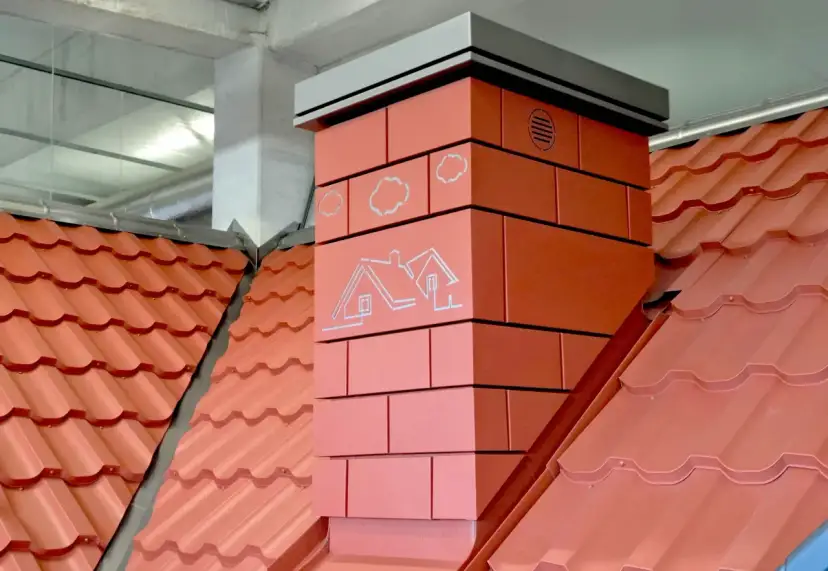 Nowoczesny komin z cegły z grafiką domu i chmur. Ocieplenie komina zapewnia efektywne odprowadzanie spalin i chroni przed utratą ciepła.