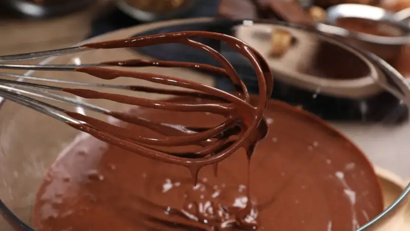 Mieszanie zwarzonej polewy czekoladowej trzepaczką. Dowiedz się, jak uratować zwarzoną polewę czekoladową, aby uzyskać idealną konsystencję.