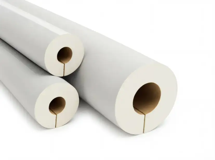 Trzy białe otuliny na rury z pianki poliuretanowej, gotowe do izolacji.