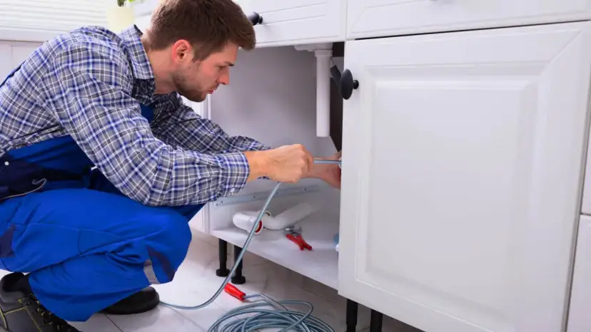 Hydraulik naprawia rury pod zlewem w kuchni.