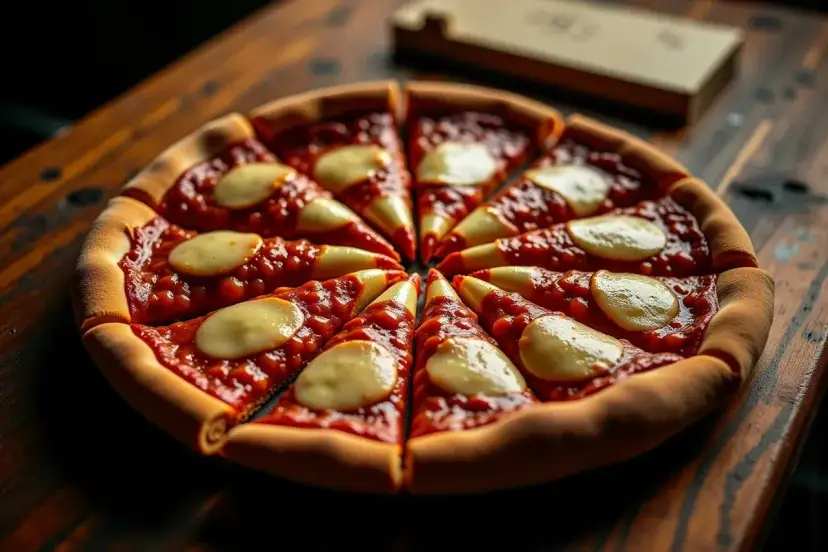 Pokrojona w trójkąty pizza z sosem pomidorowym i serem na drewnianym stole.