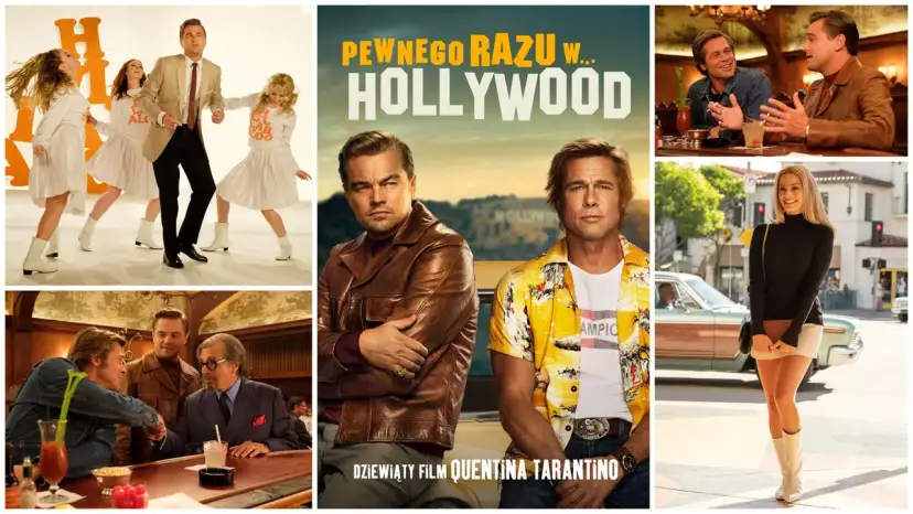 Kolaż zdjęć z filmu "Pewnego razu w Hollywood" z Leonardo DiCaprio, Bradem Pittem i Margot Robbie.