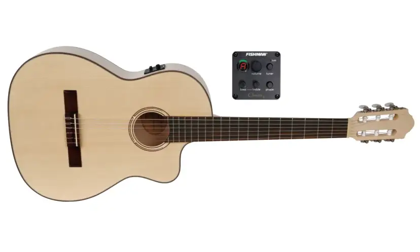 Akustikgitarre mit Fishman Vorverstärker auf weißem Hintergrund.