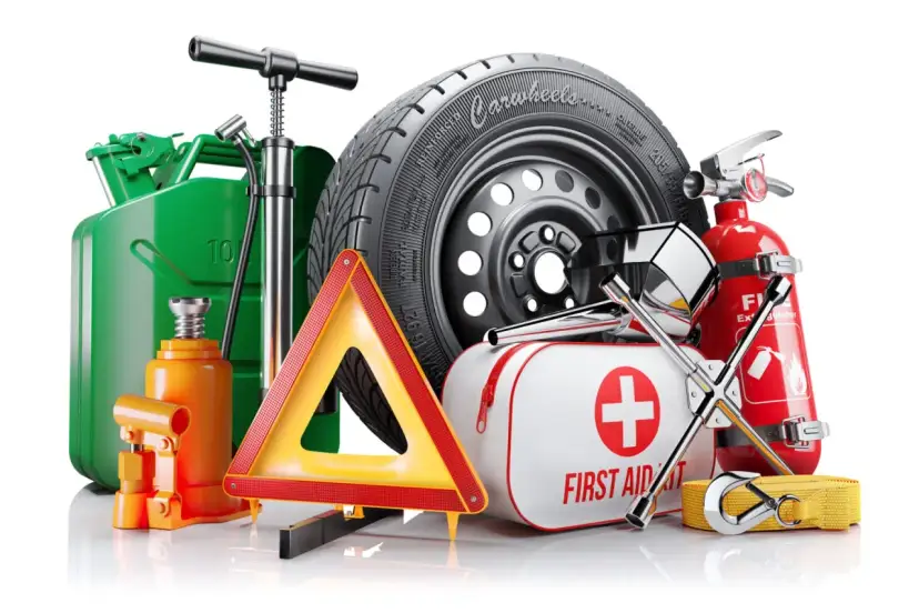 Apteczka, gaśnica, trójkąt ostrzegawczy, lewarek, koło i kanister.