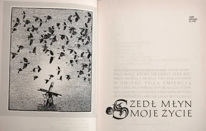 Ilustracja do wiersza Jana Twardowskiego: wiatrak i stado ptaków w locie. "Zedł młyn moje życie".