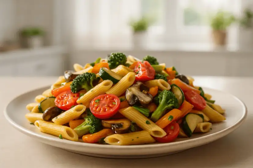 Kolorowy makaron penne z brokułami, pomidorkami, cukinią i pieczarkami. Idealny przepis na Pasta Primavera.