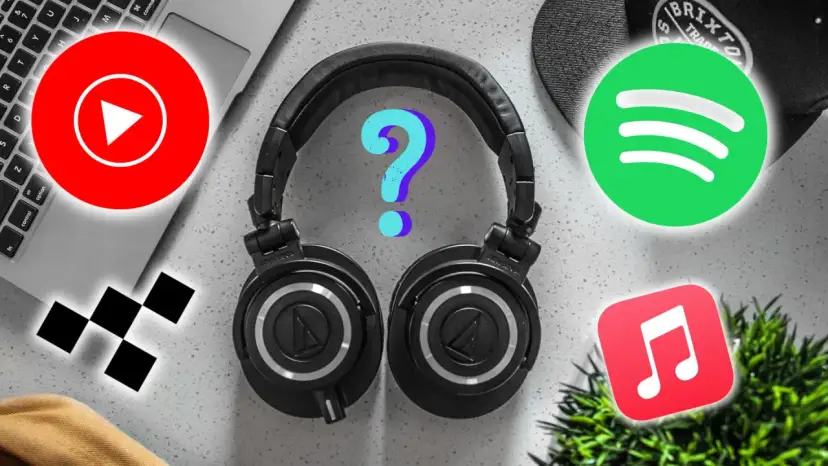 Słuchawki z logotypami YouTube, Spotify, Apple Music i znakiem zapytania.