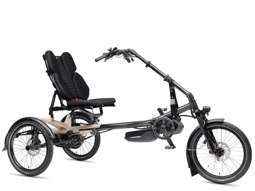 Ein schwarzes Dreirad mit Sitz und E-Motor auf weißem Hintergrund.