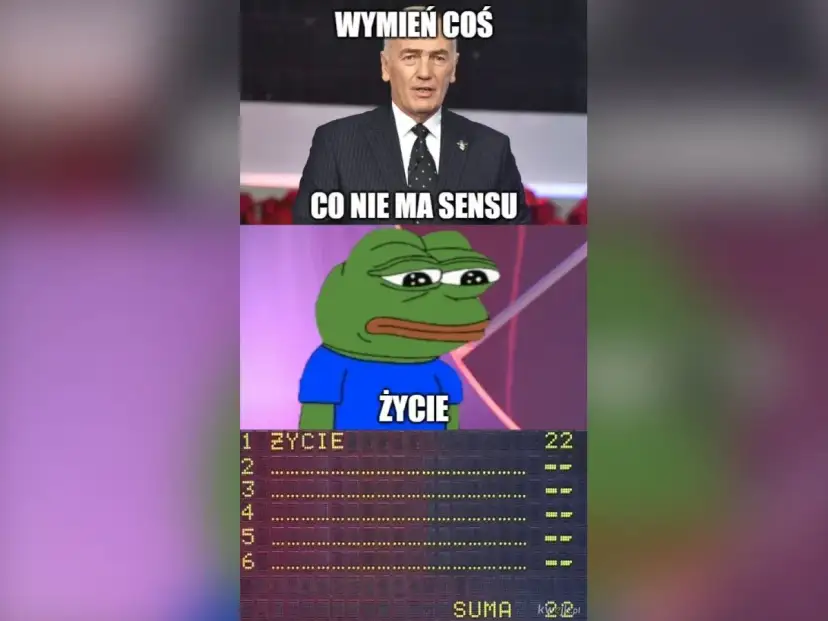 Co nosimy w portfelu familiada? Smutny żabka Pepe i wynik gry.