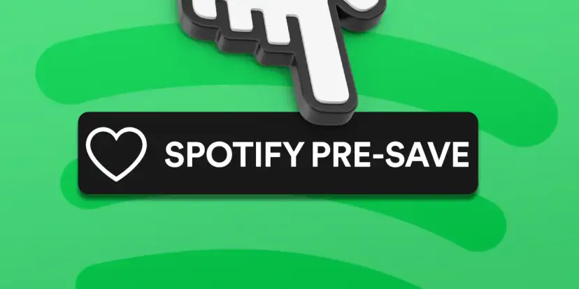 Ikona kursora myszy nad przyciskiem "Spotify Pre-Save" na zielonym tle.