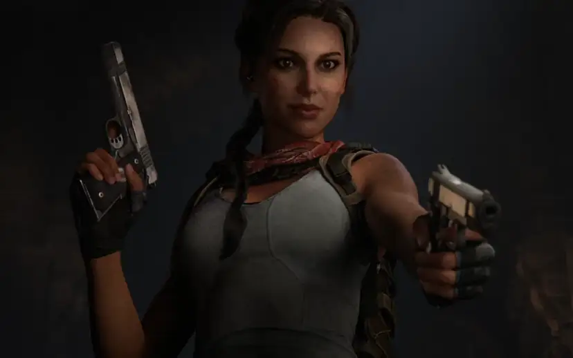 Lara Croft, w nowym tomb raider, gotowa do akcji z dwoma pistoletami.