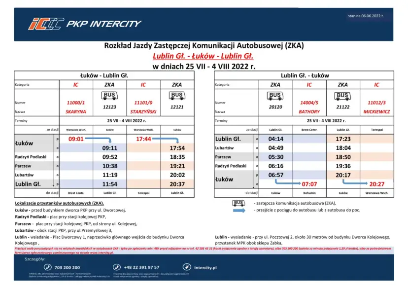 Fragment rozkładu jazdy PKP Intercity z trasą Łuków - Lublin GŁ. i Lublin GŁ. - Łuków.