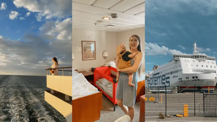 Kobieta na pokładzie promu, kabina z łóżkiem i łóżeczkiem, biały prom w porcie.