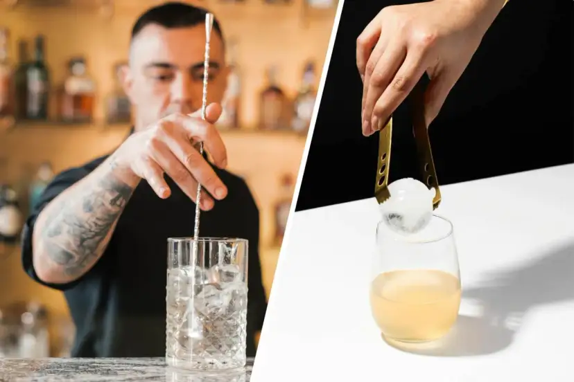 Barman miesza drink z kruszonym lodem, a obok ręka dodaje do drinka kulę lodu.